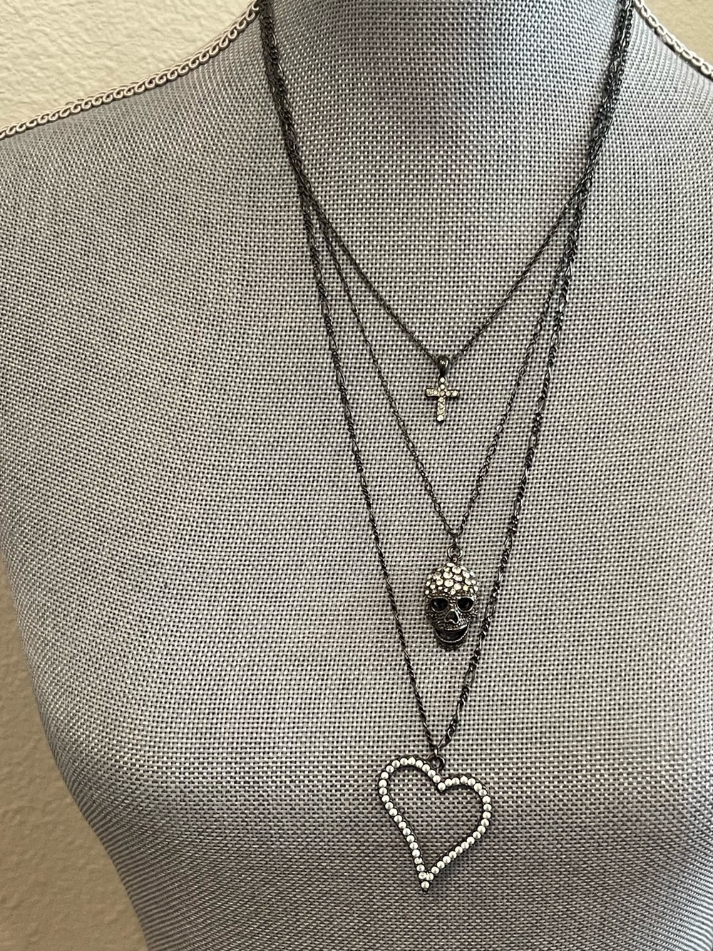 Express Gunmetal Layered Cross, Heart & Skull Necklace
